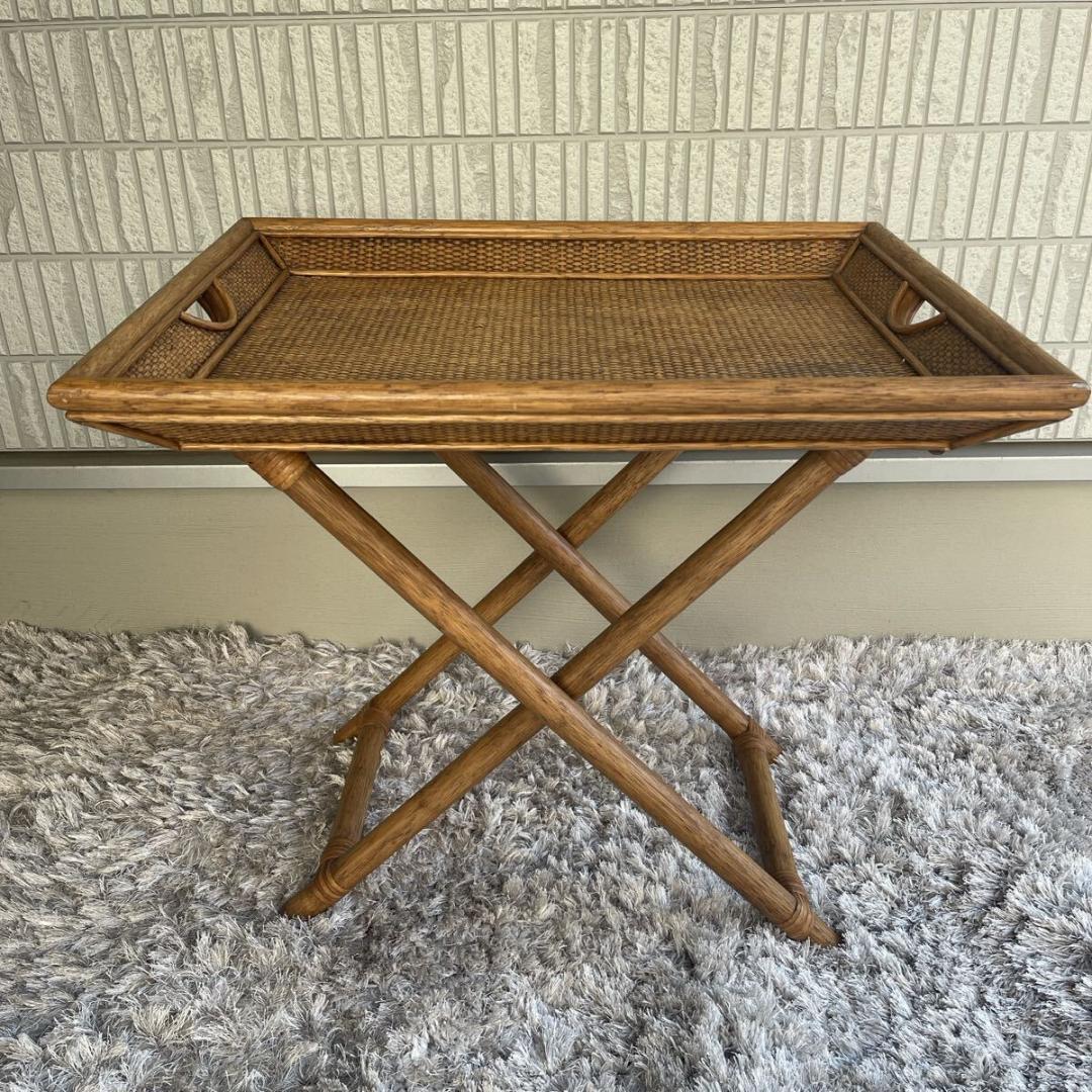ラタン　籐　フォールディングトレイ　 サイドテーブル　お盆　 木製 アンティーク