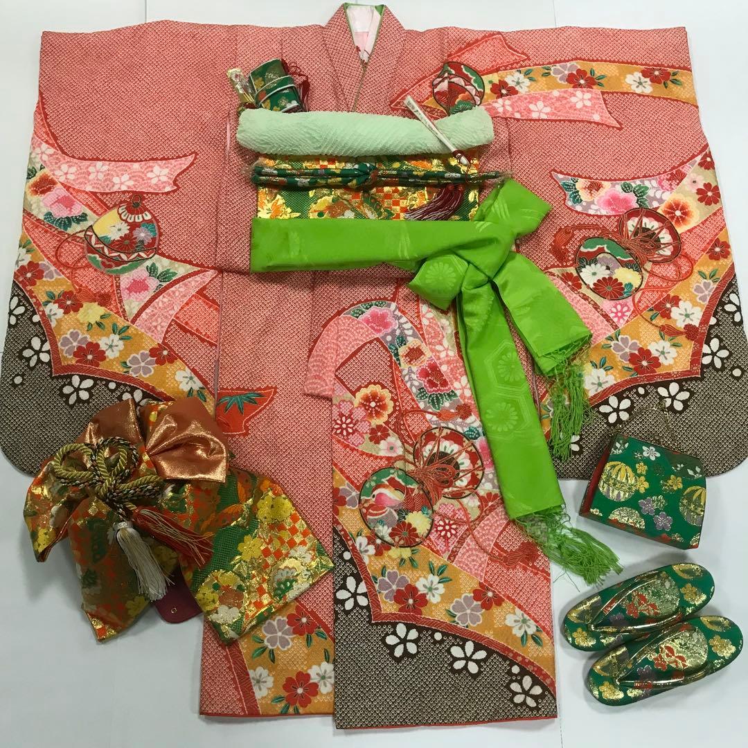 七五三　7歳女の子　着物セット　赤絞り　鼓　鴛鴦　熨斗目　鈴