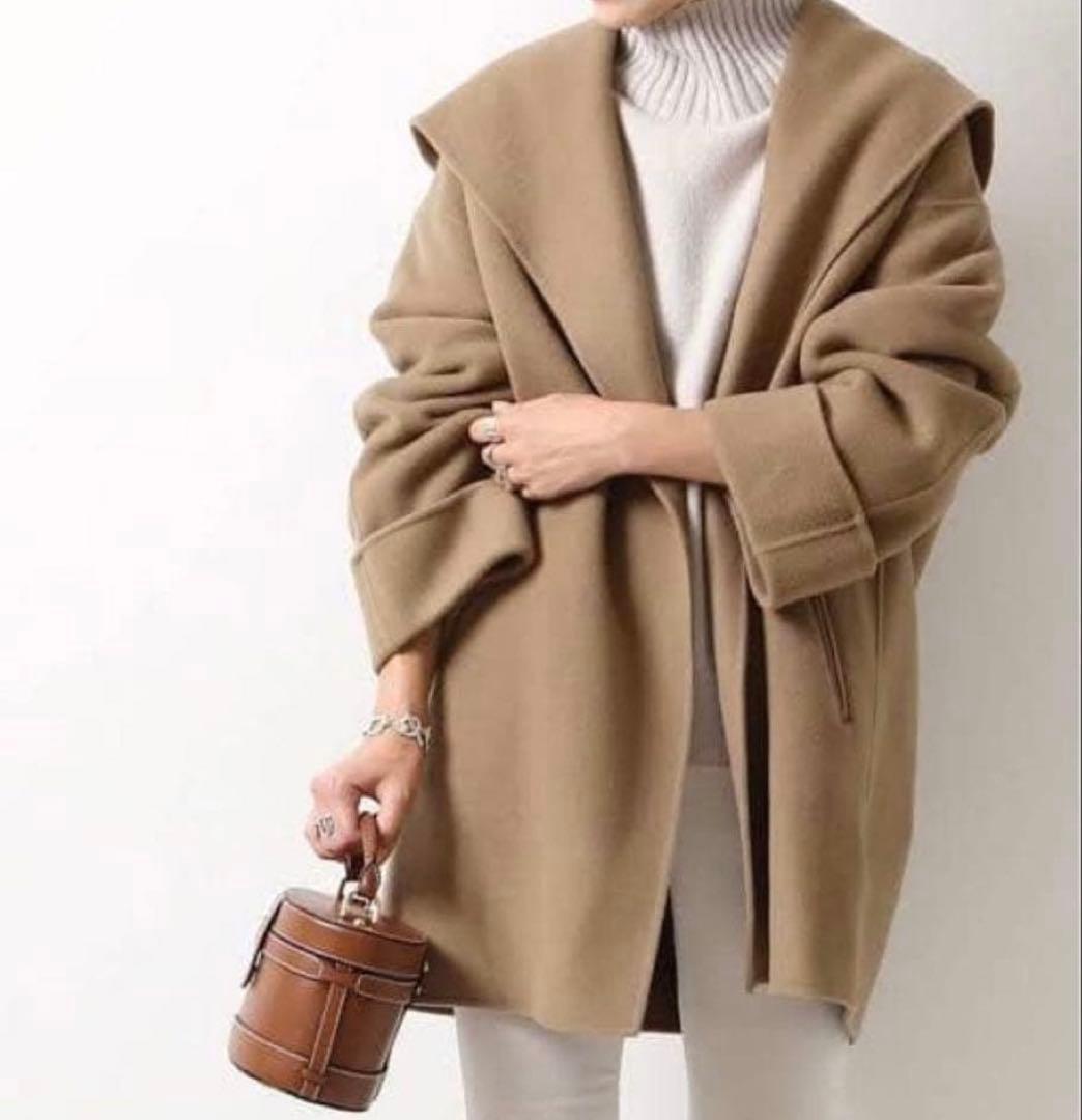 美品＊スピック＆スパン ダブルモッサリバーフーディーガウンコート カシミヤ混