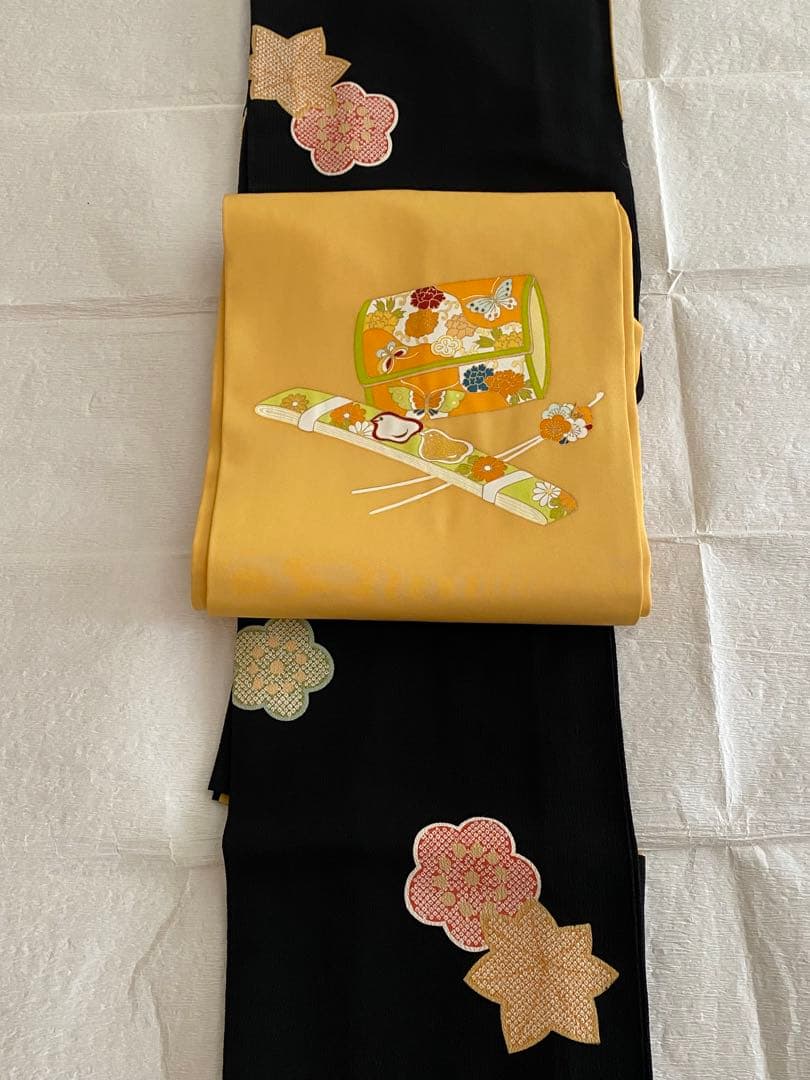 志ま亀 銀座 塩瀬 九寸名古屋帯 楽器文 千鳥文 正絹 たとう紙付き 美品