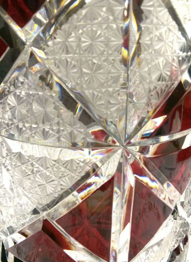 【 美品 】切子 菊繋ぎ クリスタル花瓶 銅赤