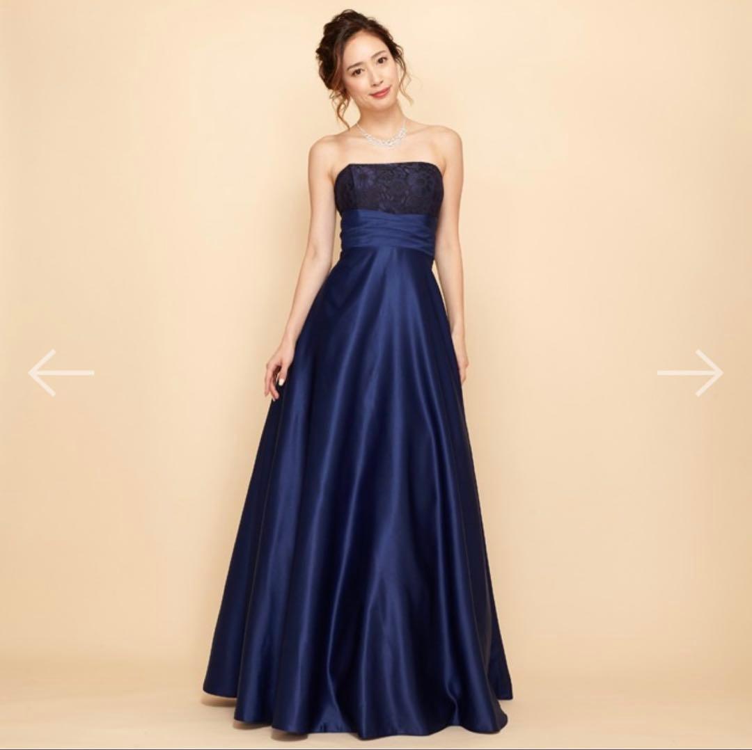 ANNABELLE ネイビーサテンラメフラワーレースロングドレス