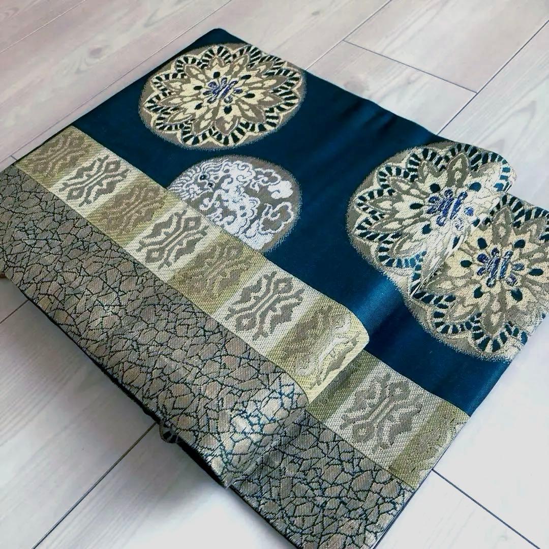 アンティーク名古屋帯　青緑　龍と花模様の織り出し　正絹　大正ロマン　N7-20