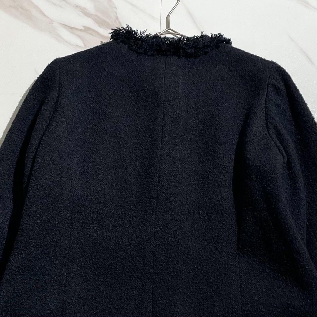 極美品 23AW エムフィル ノーカラーツイードフリンジコート ウールシルク混