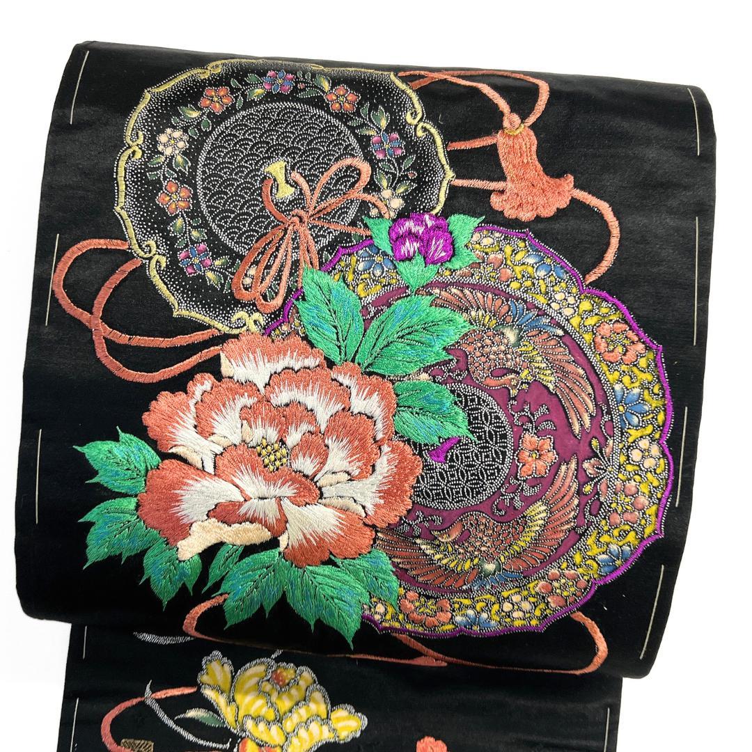 アンティーク　名古屋帯　銀彩　刺繍　鏡裏　牡丹　鳳凰　着物　123b d ms