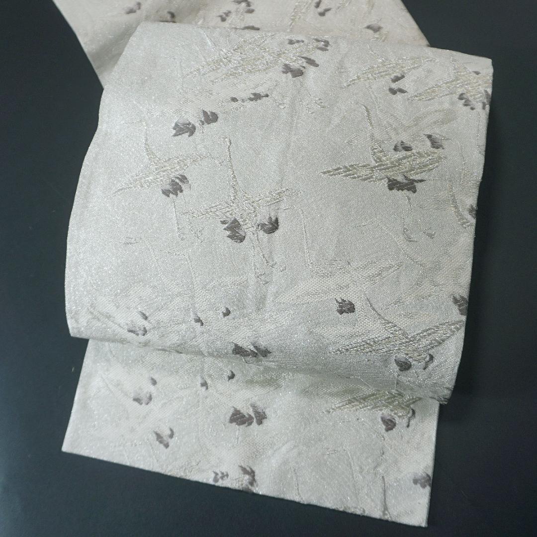 鶴　正絹袋帯　両面使い　銀　フォーマル　a813