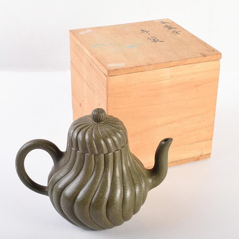 中国　顧景舟銘　紫砂　緑泥　急須　茶壷　合わせ箱　M　R7623